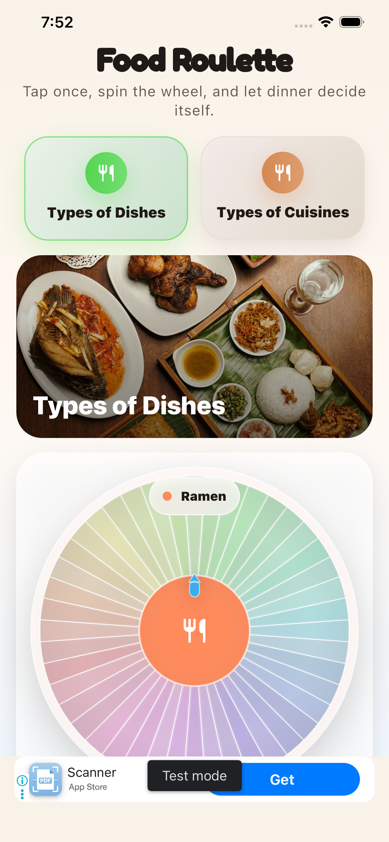 Food Roulette home screen with the dishes wheel