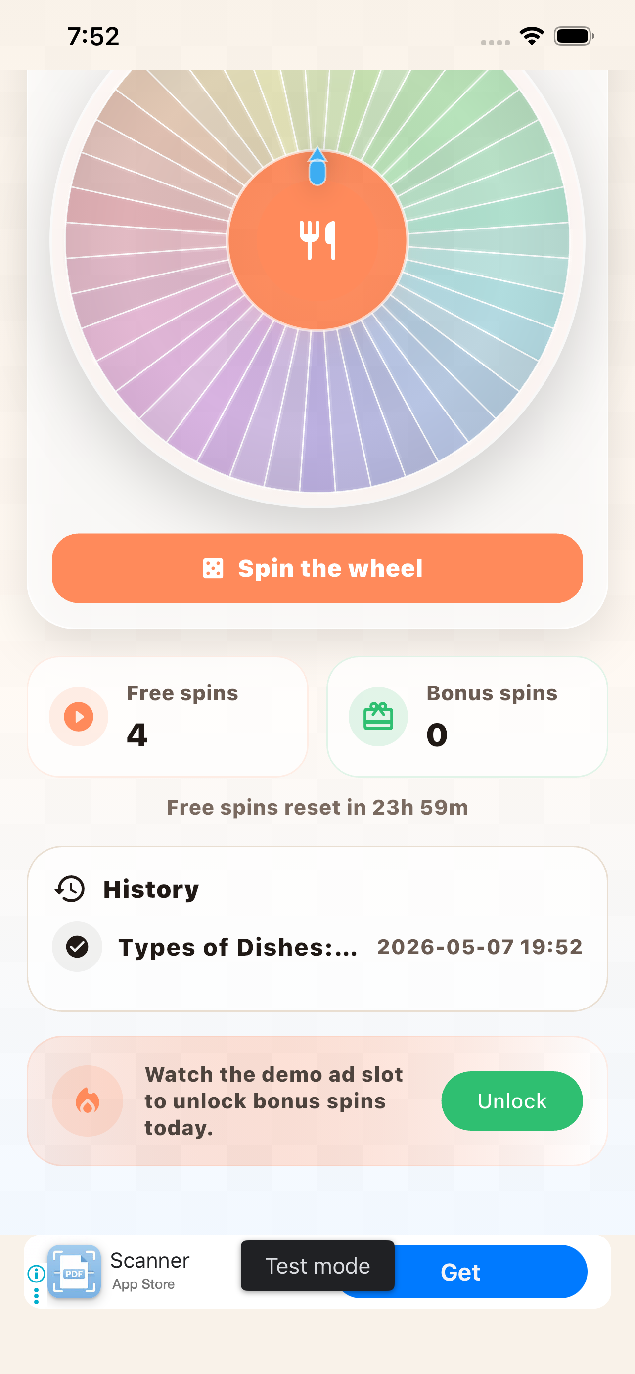 Food Roulette spins and history screen
